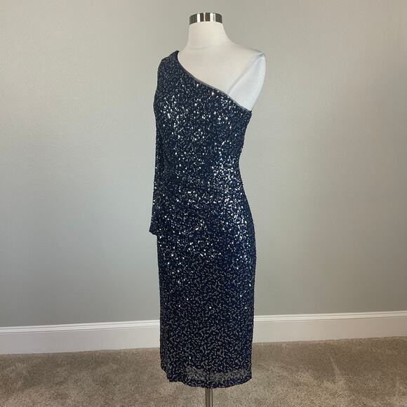Betsy & Adam Women's Cocktail Dress Size 8 Blue Sequin One Shoulder Midi Sheath - Picture 4 of 14